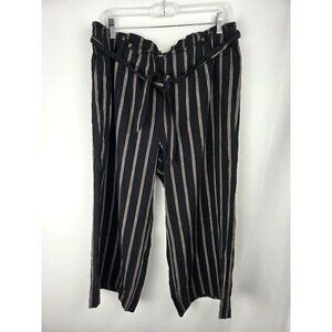 J. Jill Striped Cropped Pants Large Petite Black Tan Linen Wide Leg Tie Waist